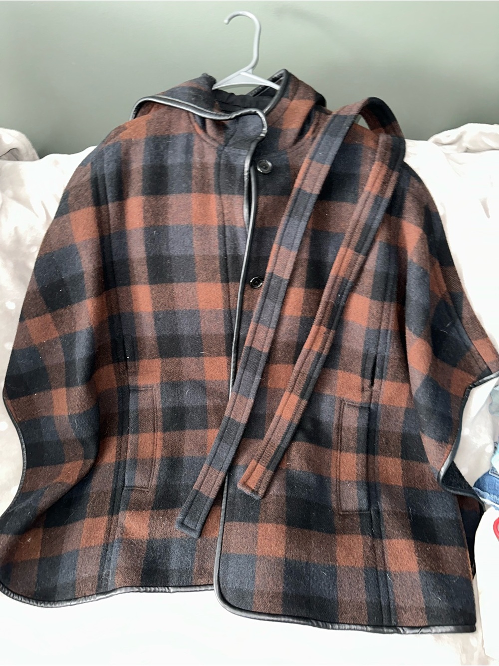 Coach Brown & Black Plaid Hooded Wool Cape Coat
